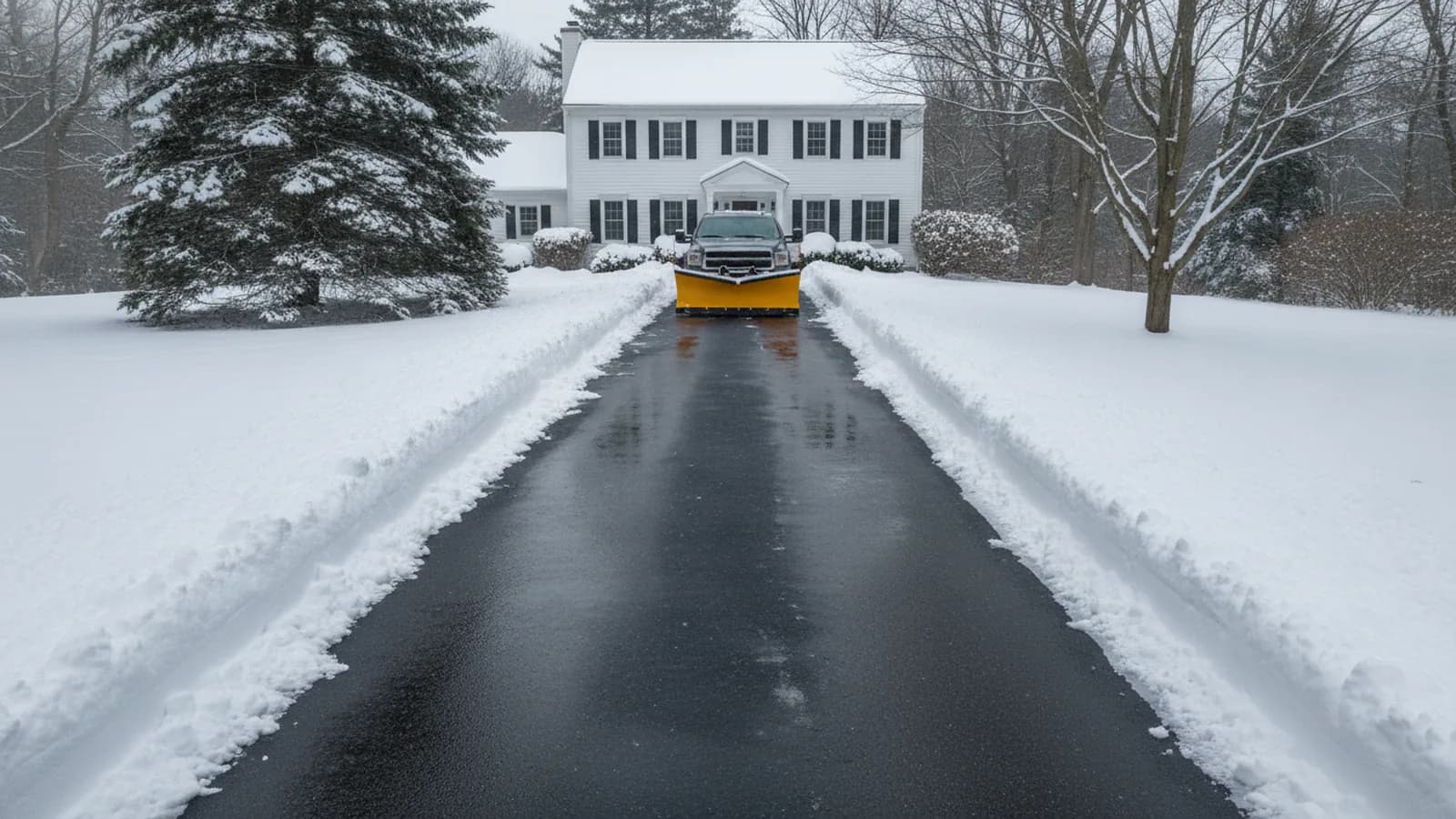 Plowed driveway with neat snowbanks after a New England snowstorm
